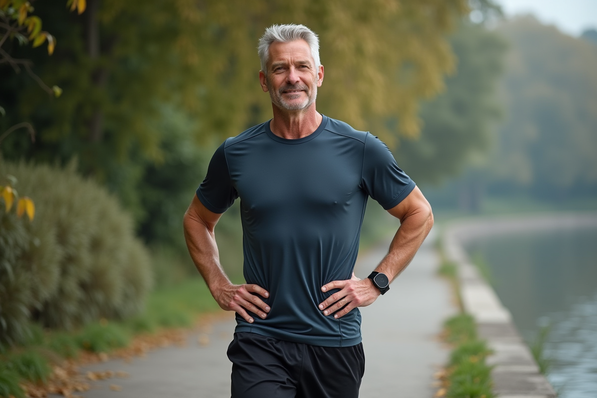 Homme reprenant son souffle après jogging au bord de la rivière