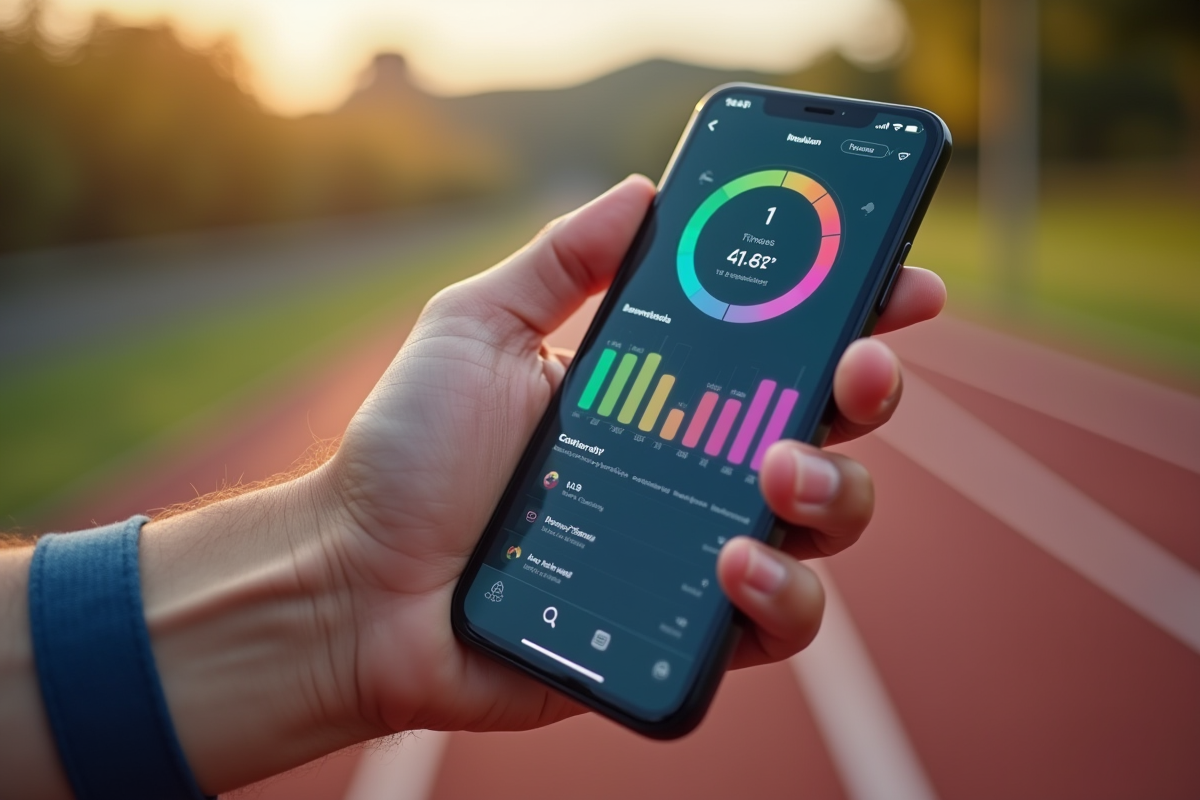 Mains masculines tenant un smartphone avec statistiques de fitness en extérieur