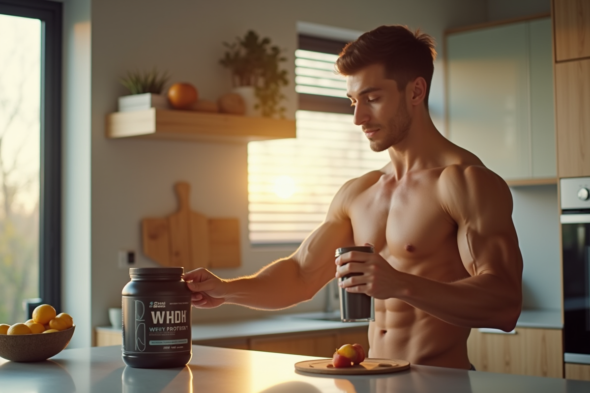 Jeune homme préparant un shake protéine dans une cuisine lumineuse