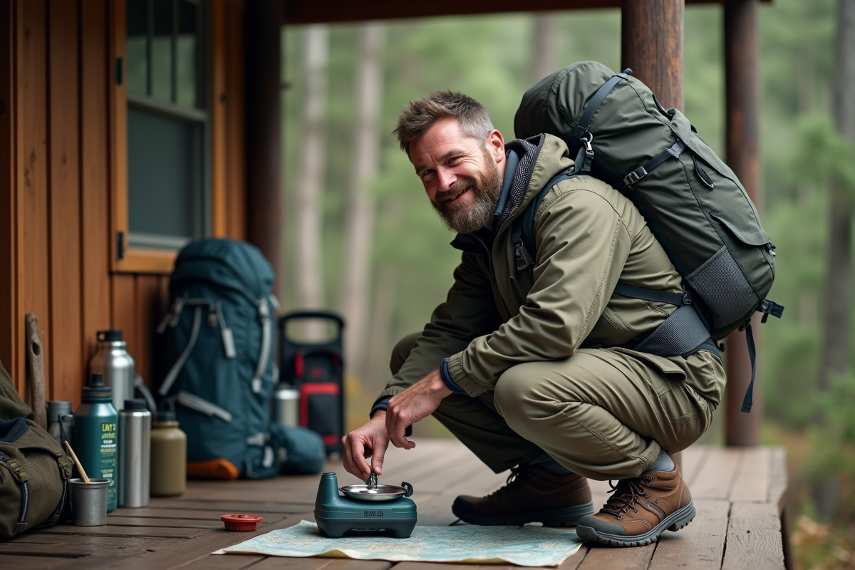 Homme vérifiant son sac à dos sur la terrasse en forêt