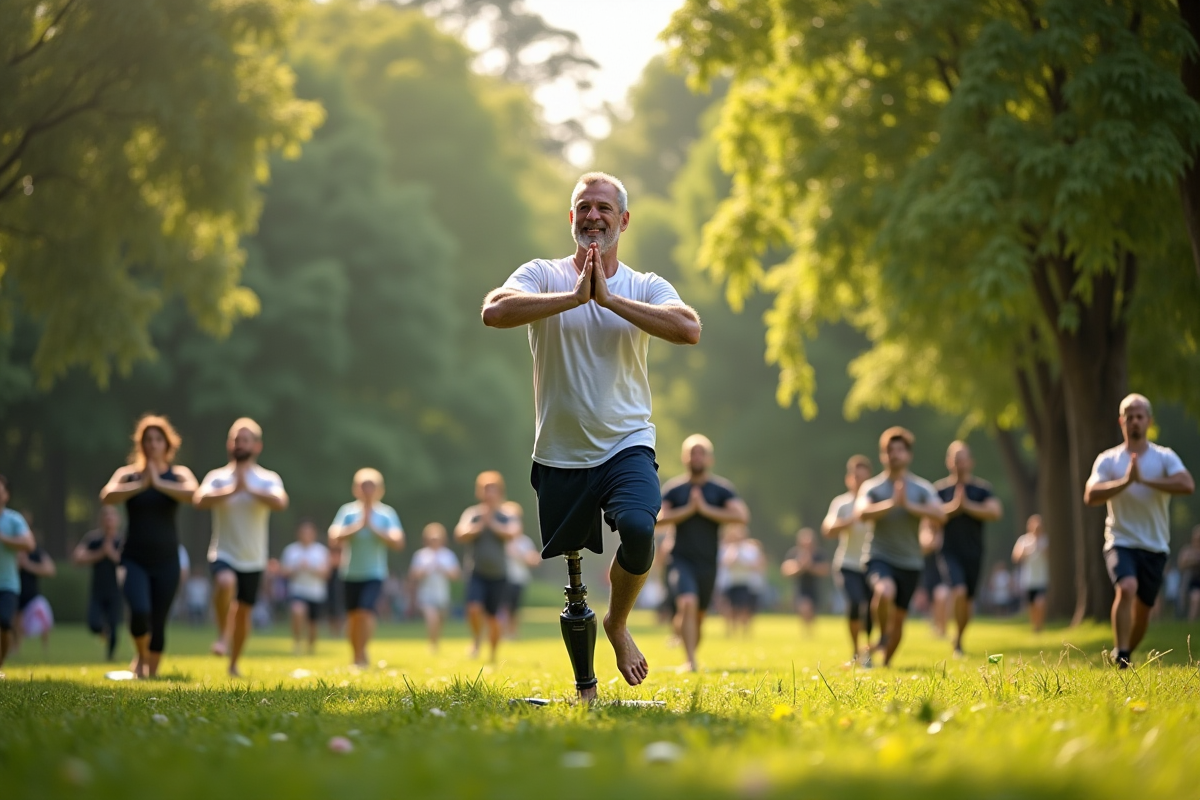 Homme avec prothese profitant d une séance de yoga en plein air