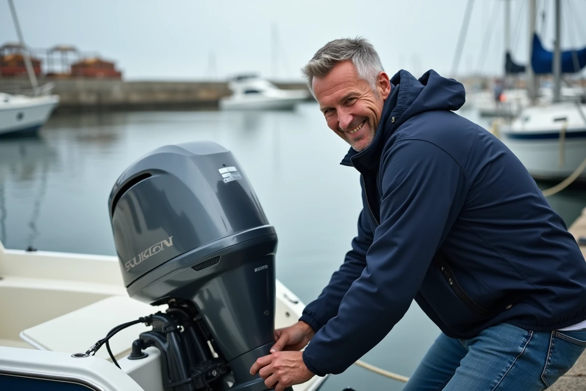 Homme en veste marine et jeans répare un moteur de bateau