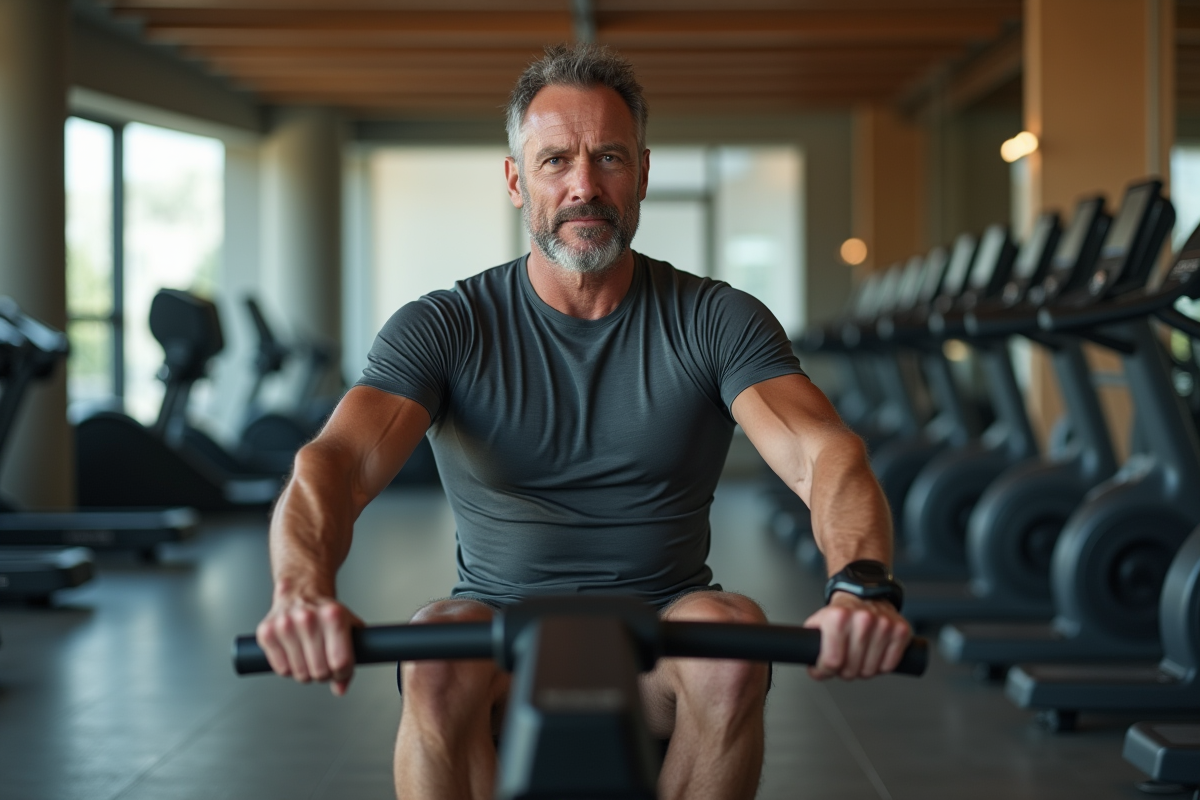 Homme entraîné utilisant un rameur dans un centre de fitness haut de gamme