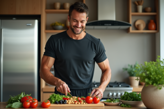 Homme en t-shirt sportif préparant une salade méditerranéenne