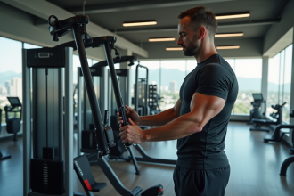 Homme muscl&eacute; en salle de sport moderne en train d'examiner une machine