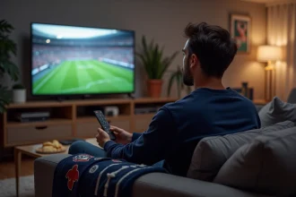 Homme dans son salon regardant la t&eacute;l&eacute;vision avec anticipation