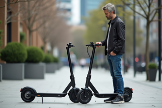 Homme comparant deux scooters électriques en ville