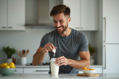 Jeune homme en cuisine préparant une protéine