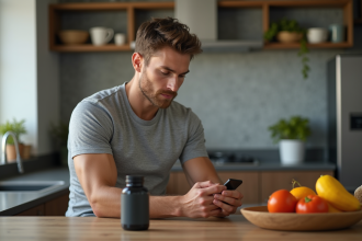 Jeune homme lisant une bouteille de supplement dans la cuisine