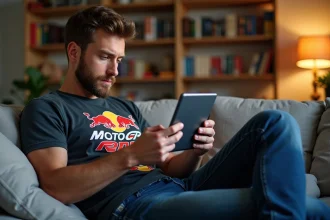 Homme regardant une tablette avec course MotoGP dans un salon cosy