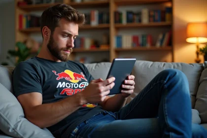 Homme regardant une tablette avec course MotoGP dans un salon cosy