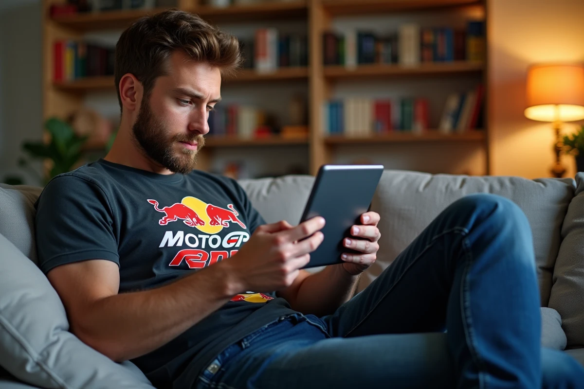 Homme regardant une tablette avec course MotoGP dans un salon cosy