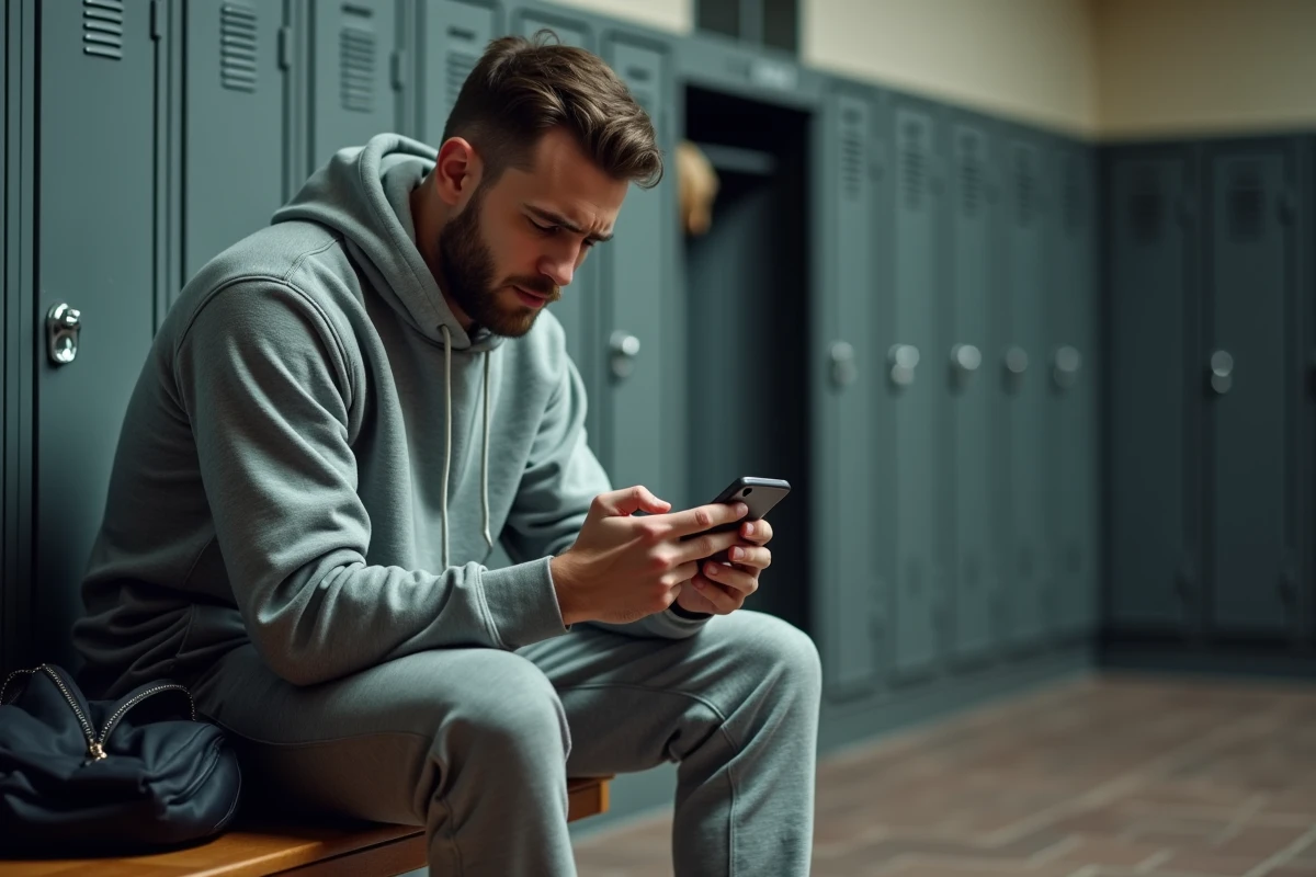 Homme assis dans un vestiaire de gym vérifiant ses prélèvements bancaires liés à un abonnement fitness sur son téléphone