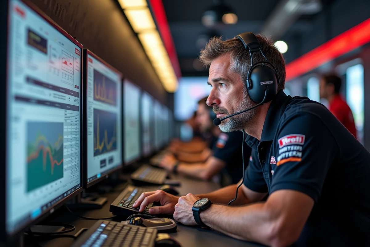 Ingénieur de course MotoGP analysant la télémétrie pour optimiser la moto selon les nouvelles réglementations techniques