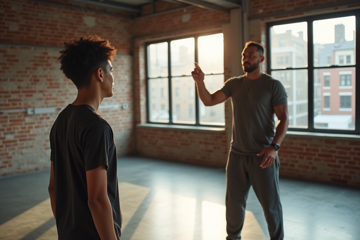 Instructeur de danse montrant un pas à un élève dans un centre urbain