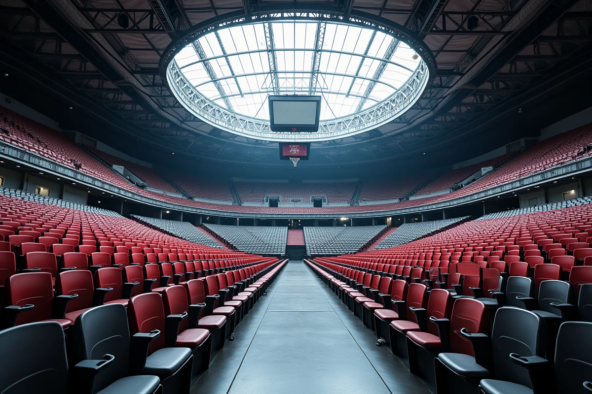 Vue intérieure de la salle Bercy Arena vide depuis la fosse, montrant les rangées de sièges en gradins et la structure du plafond en acier