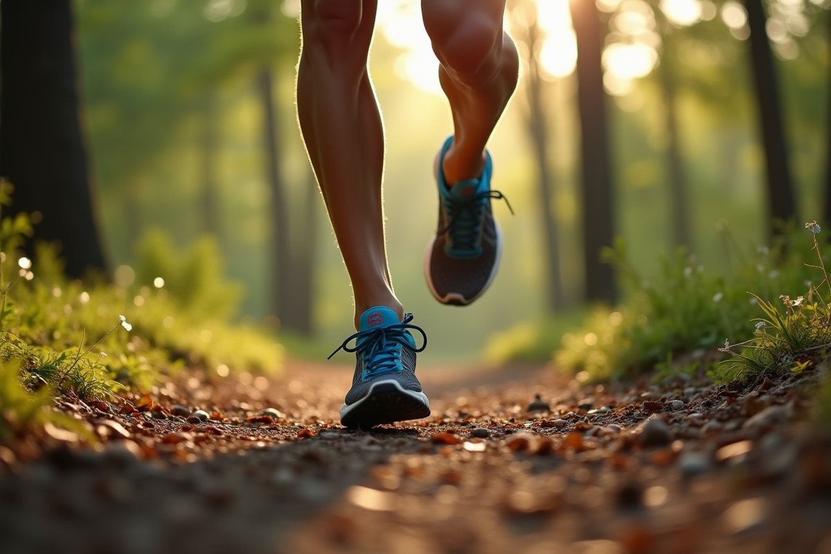 Jambes en mouvement avec chaussettes de compression dans la forêt