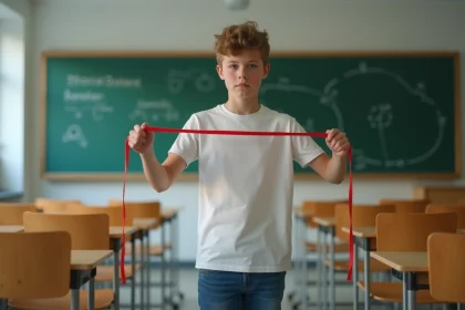 Jeune garçon en classe étire un élastique rouge