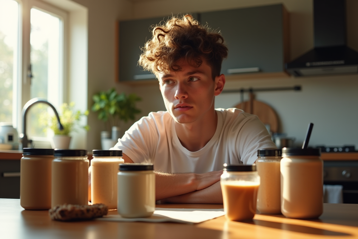 Jeune adulte inquiet entouré de protéines et barres énergétiques