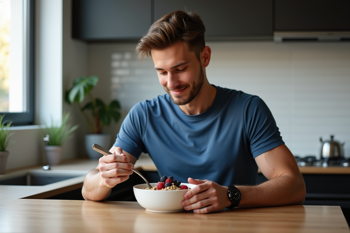 Jeune homme sportif mangeant un bol de flocons avec fruits