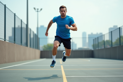 Jeune homme athlétique en plein saut sur un terrain urbain