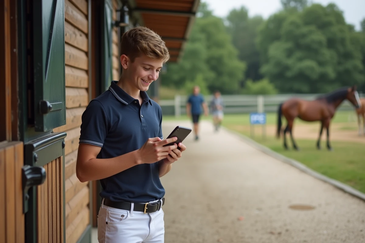 Jeune cavalier dans un paddock avec chevaux et panneau FFE