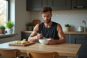 Jeune homme sportif mangeant de l'avoine au petit déjeuner