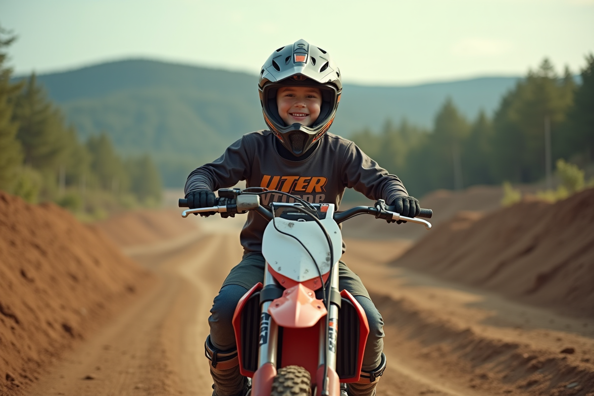 Jeune garçon en motocross avec casque et combinaison sur une moto 125cc
