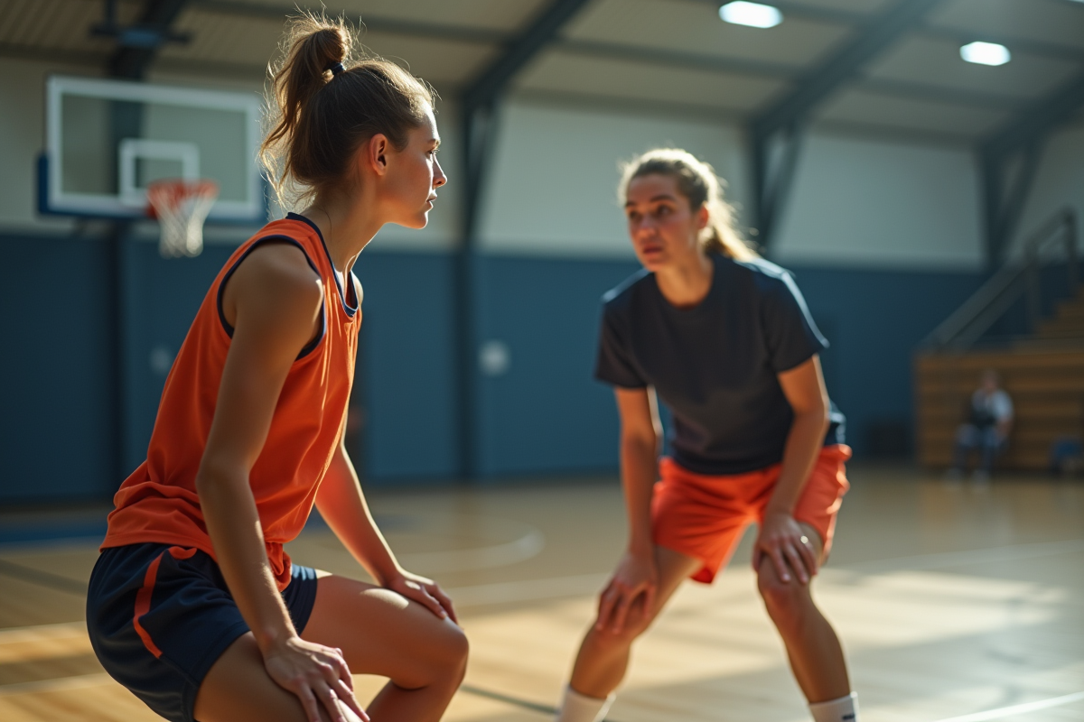 Jeune joueuse de basketball en entraînement en salle avec coach