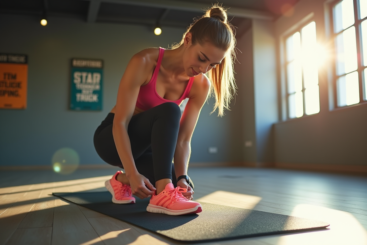 Jeune femme nouant ses chaussures de sport sur un tapis de yoga lumineux