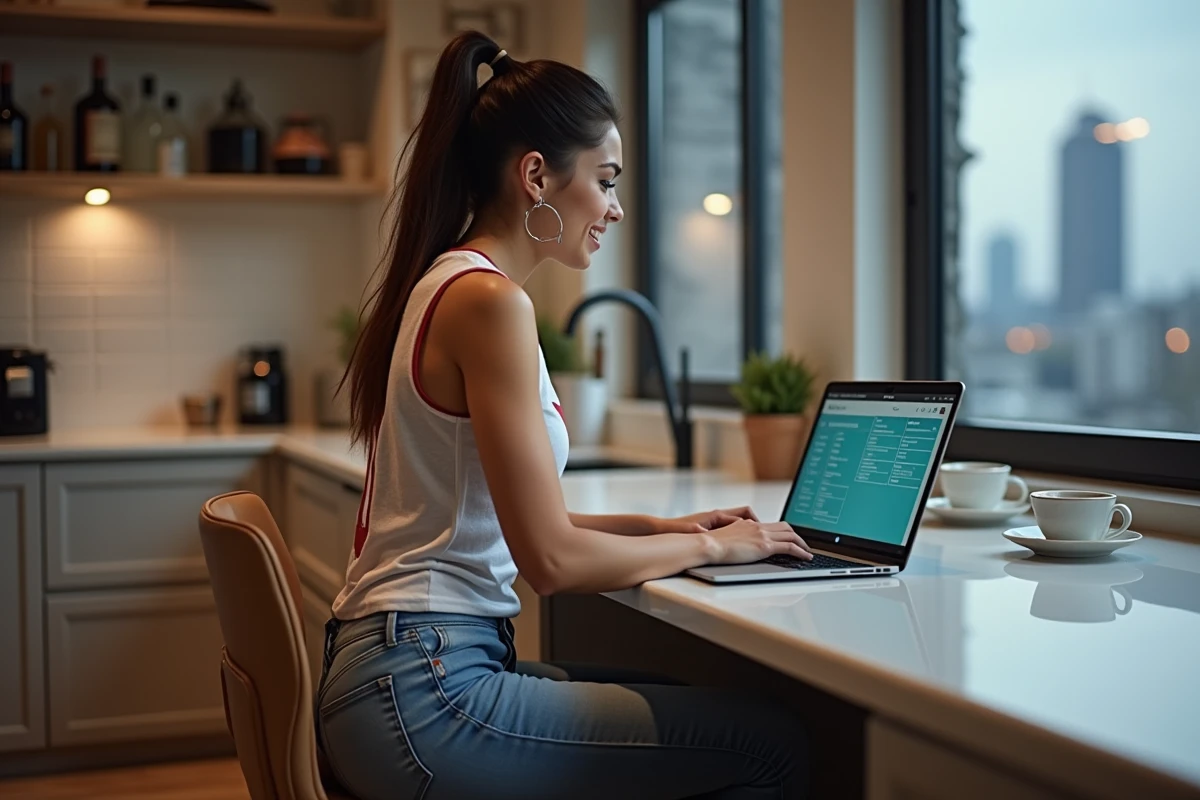 Jeune femme dans la cuisine regardant son ordinateur portable