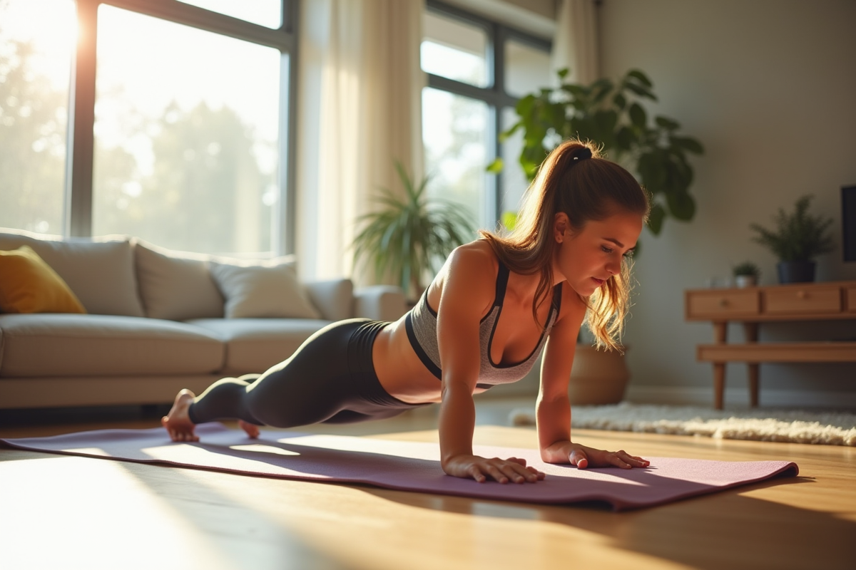 Jeune femme faisant des push-ups dans un salon lumineux