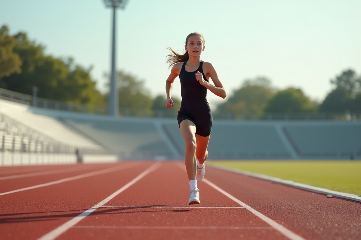 Jeune fille en tenue de course sprintant seule sur piste rouge