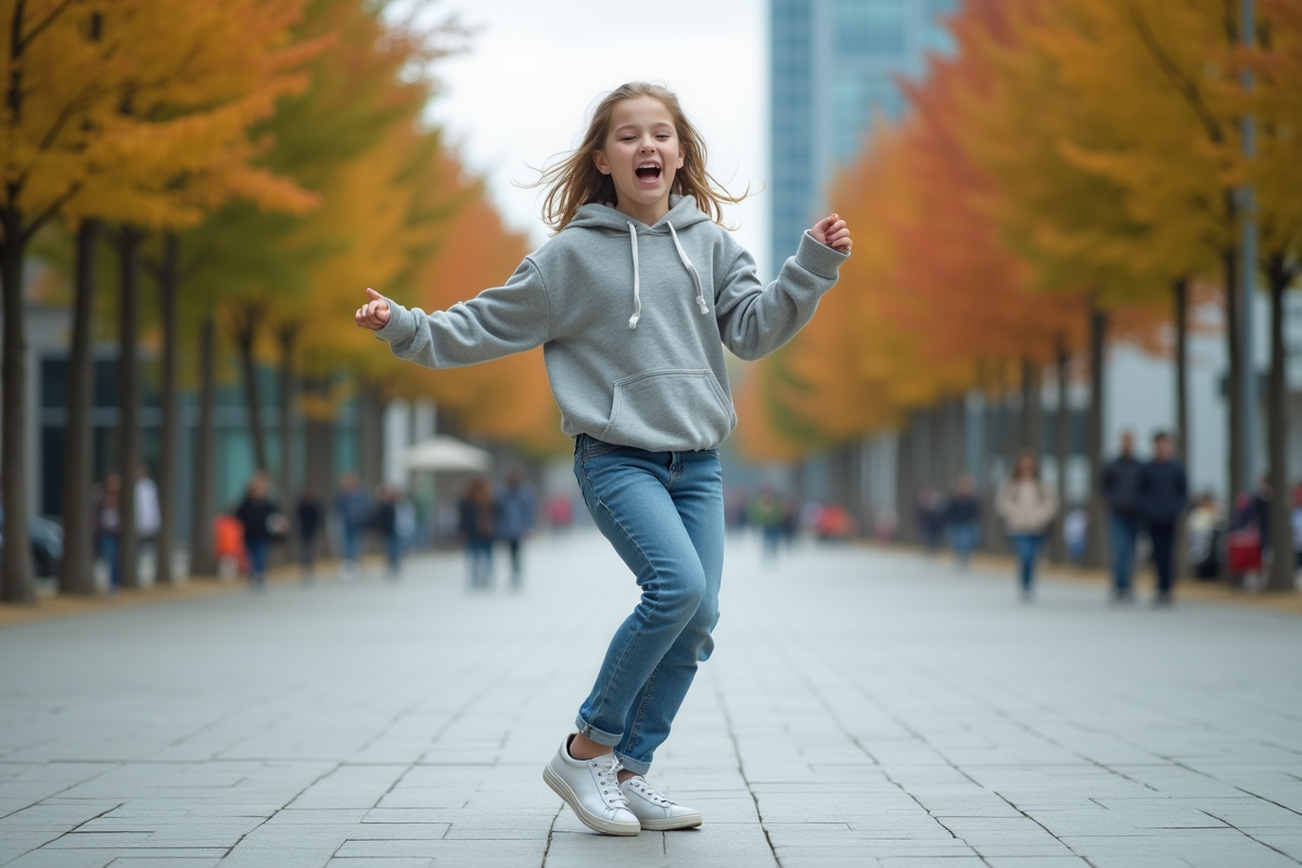 Jeune fille en hoodie comptant en dansant dans une place urbaine