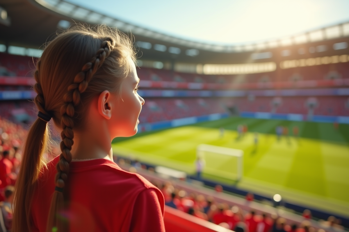 Jeune fille regardant un match de football féminin avec admiration