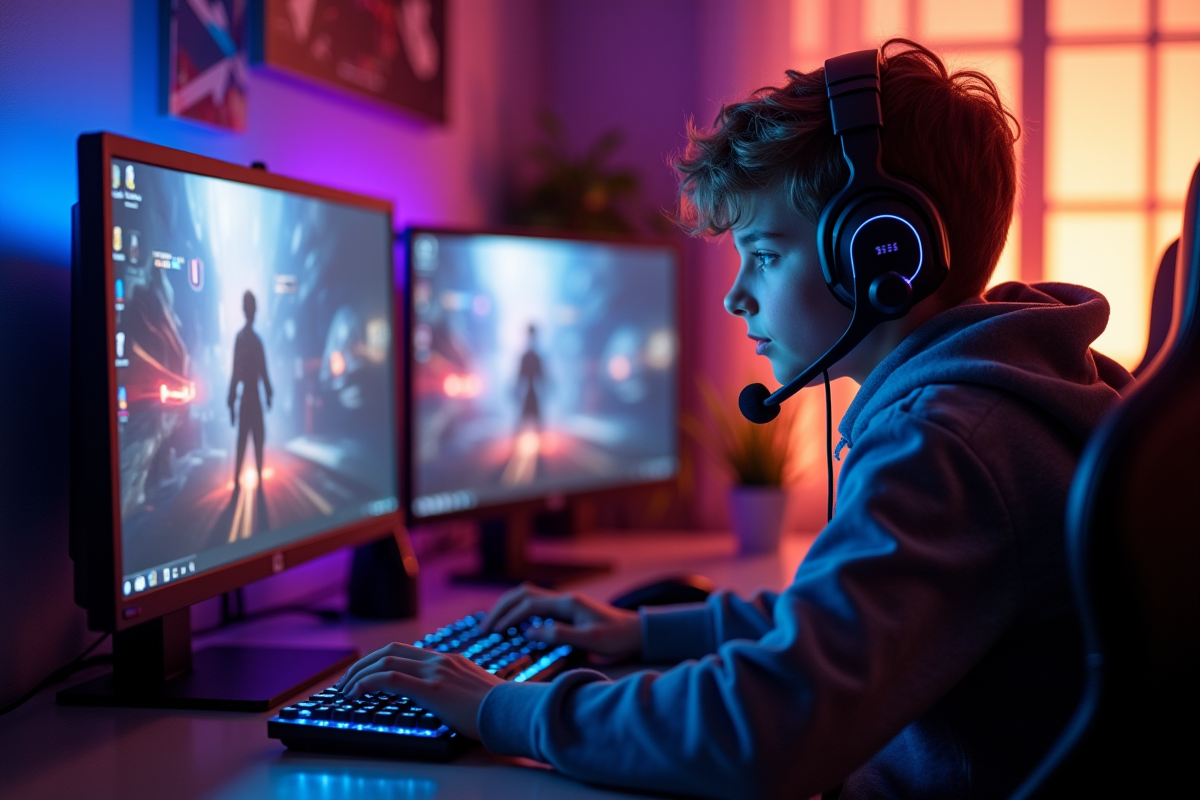 Jeune gamer concentré avec équipement gaming moderne à la maison