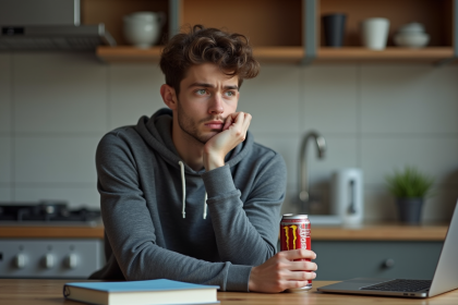 Jeune homme buvant une boisson energisante dans la cuisine