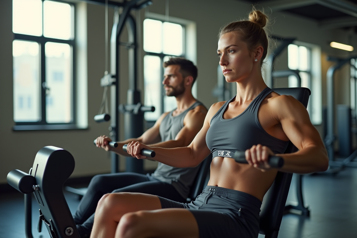Jeune homme et femme faisant des rameurs en salle de sport lumineuse