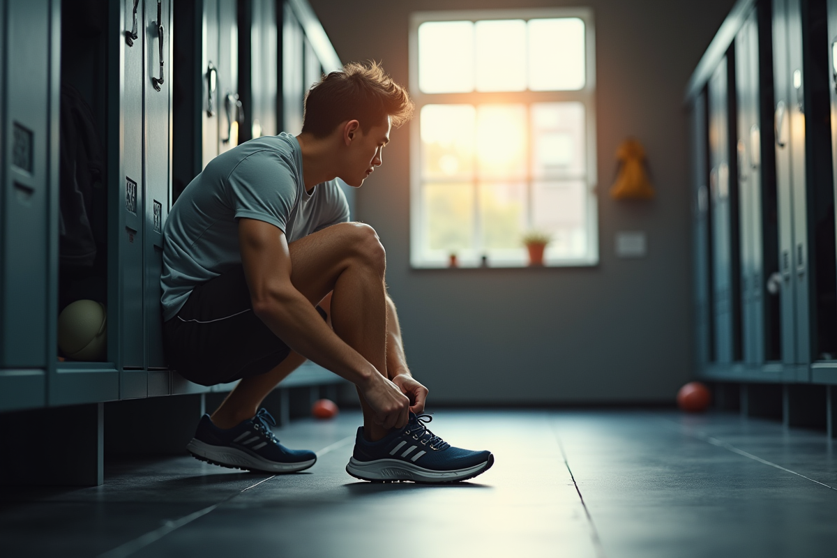 Jeune homme attachant ses chaussures de sport dans un vestiaire lumineux