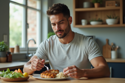 Jeune homme en cuisine préparant un repas équilibré