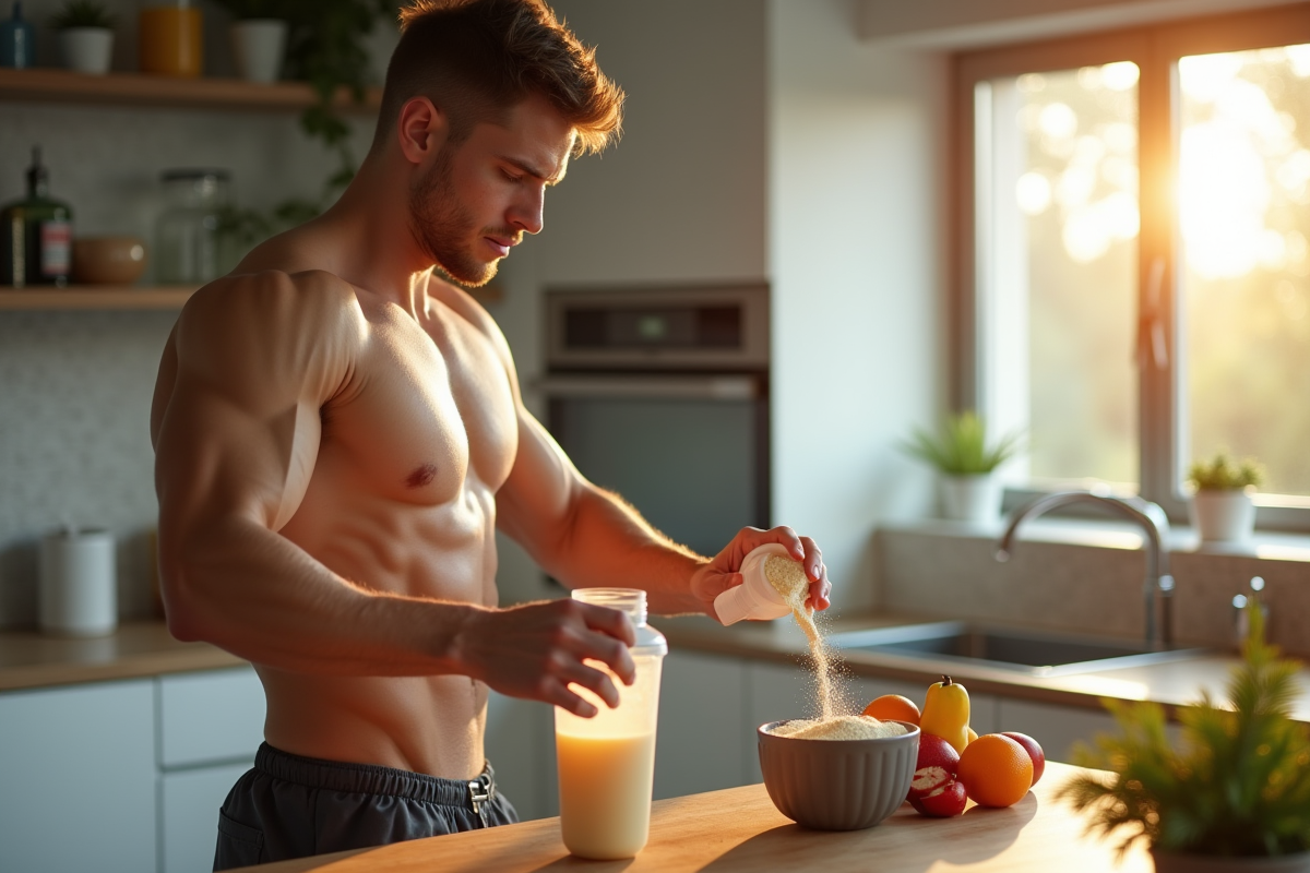 Jeune homme en forme mélangeant protéine dans un shaker lumineux