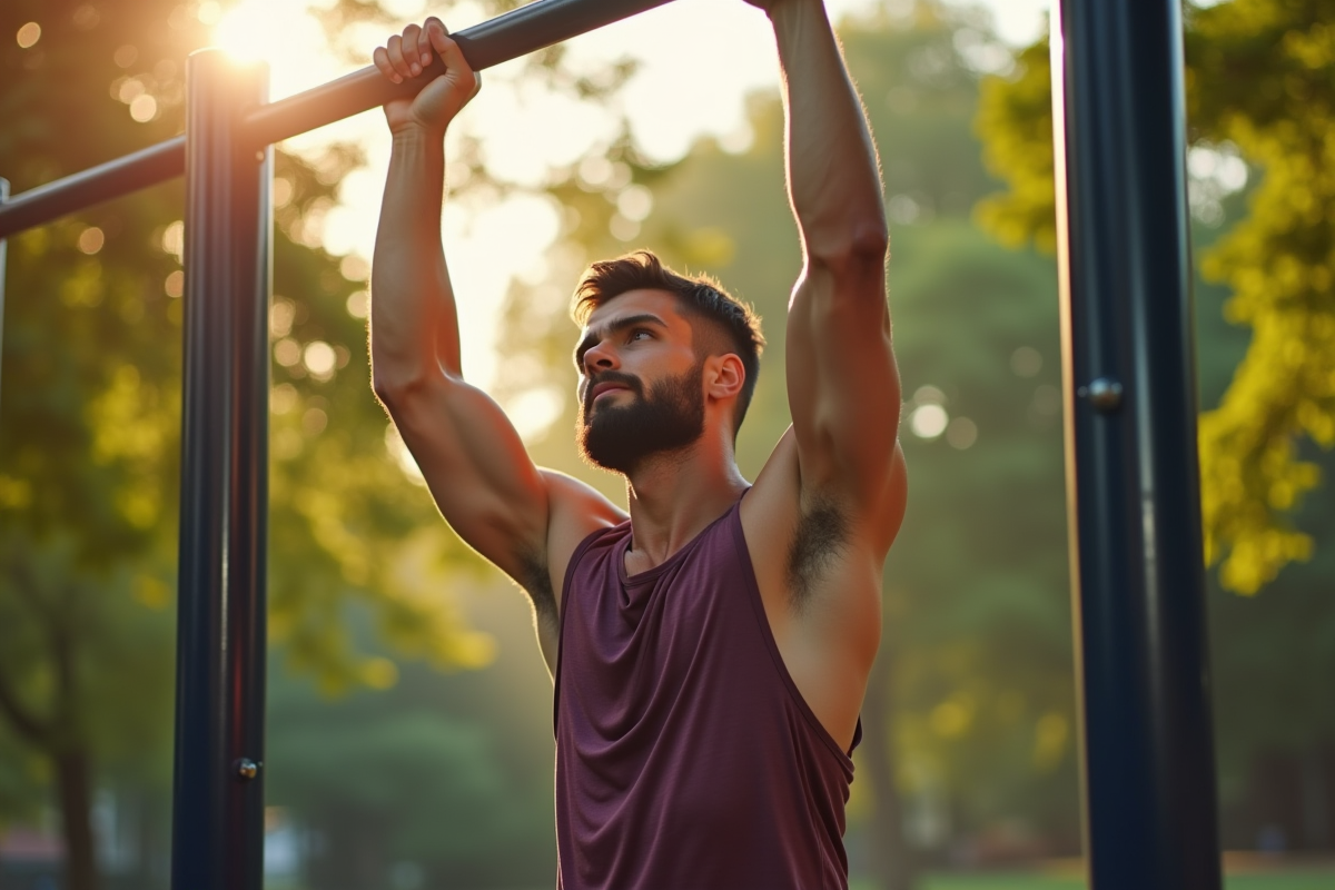 Jeune homme en forme faisant un pull-up en plein air