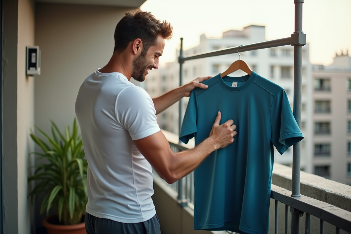 Jeune homme suspendant des vêtements de sport sur un balcon