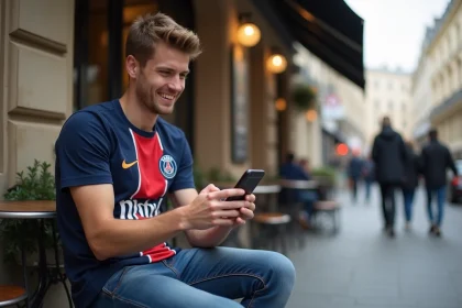 Jeune homme en maillot Paris FC souriant avec smartphone