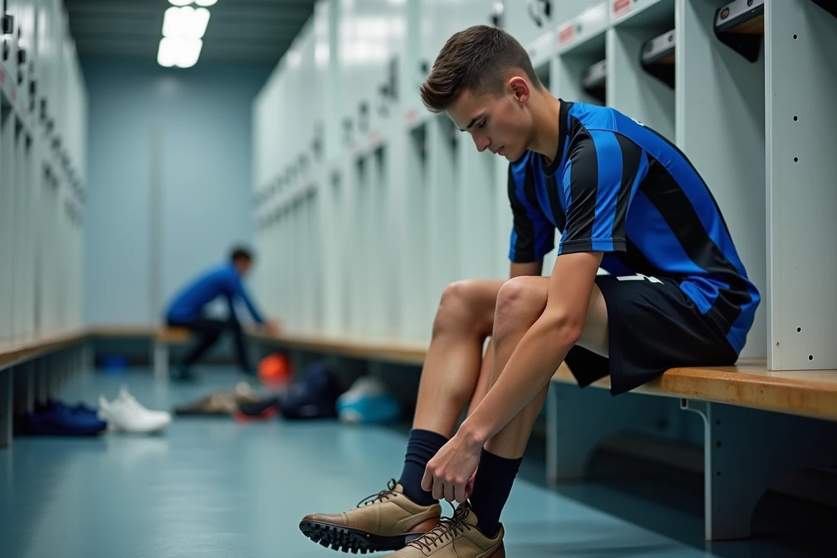 Jeune joueur de football en train de lacer ses chaussures dans le vestiaire