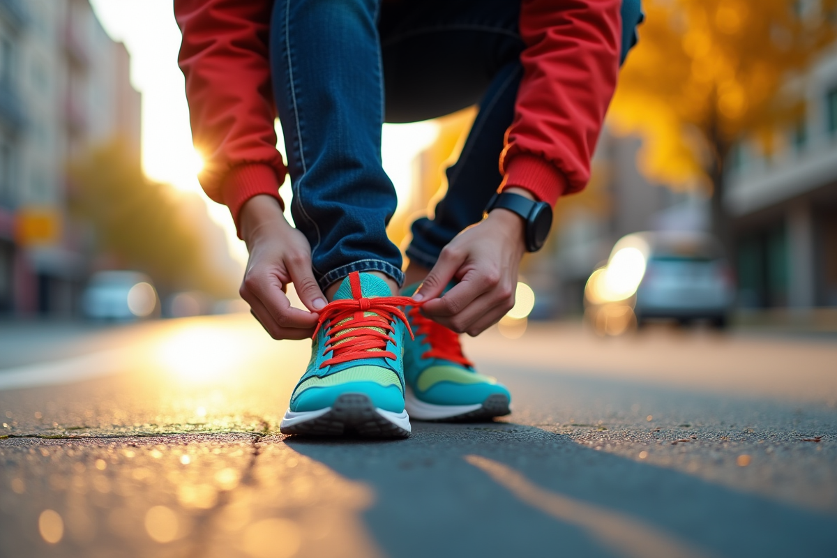 Jeune attachant ses lacets de chaussures colorées en ville le matin