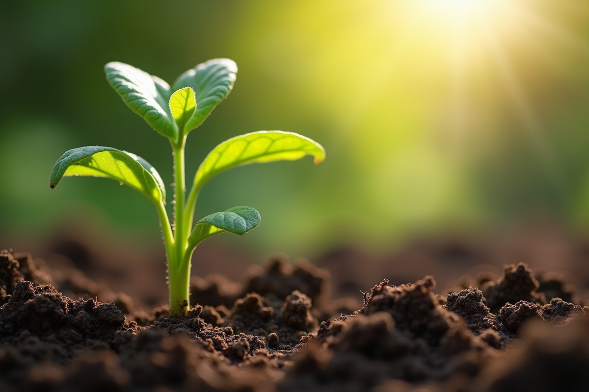 Jeune plante poussant dans la terre riche avec soleil
