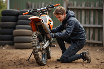 Jeune rider motocross inspectant la roue avant du dirt bike