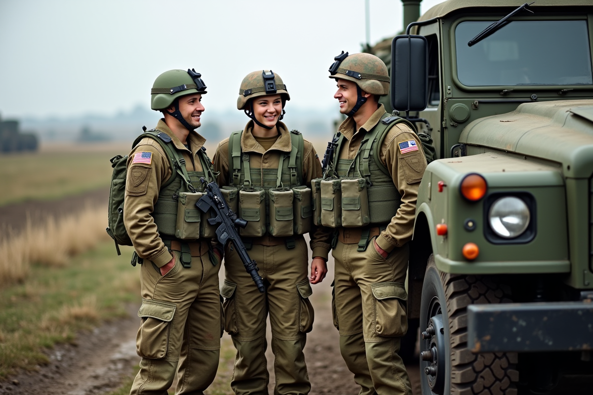 Trois jeunes soldats français en uniforme de camouflage