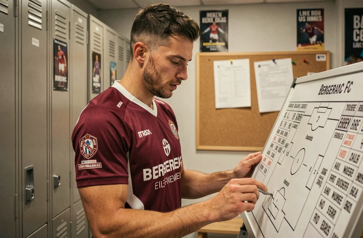 Joueur de Bergerac FC étudiant un tableau tactique dans le vestiaire avant la saison 2026, entouré de documents de transfert